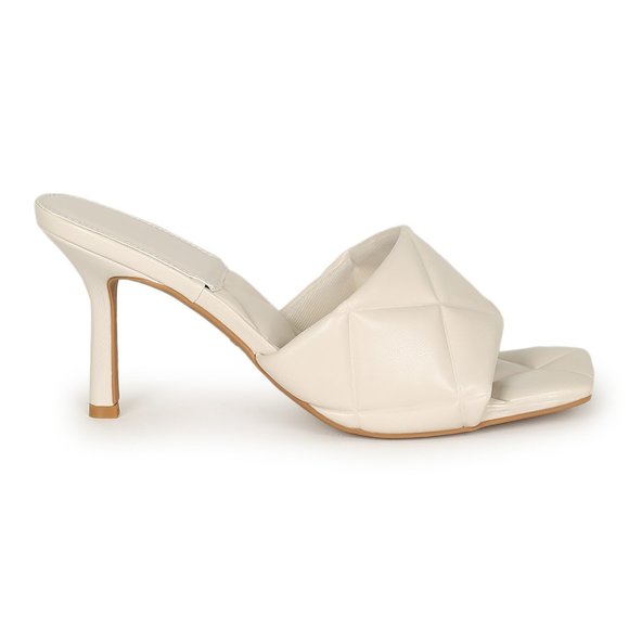 Bamboo Square Toe Padded Quilted Vegan Leather Open Toe Mule Heel - White - Picture 3 of 6